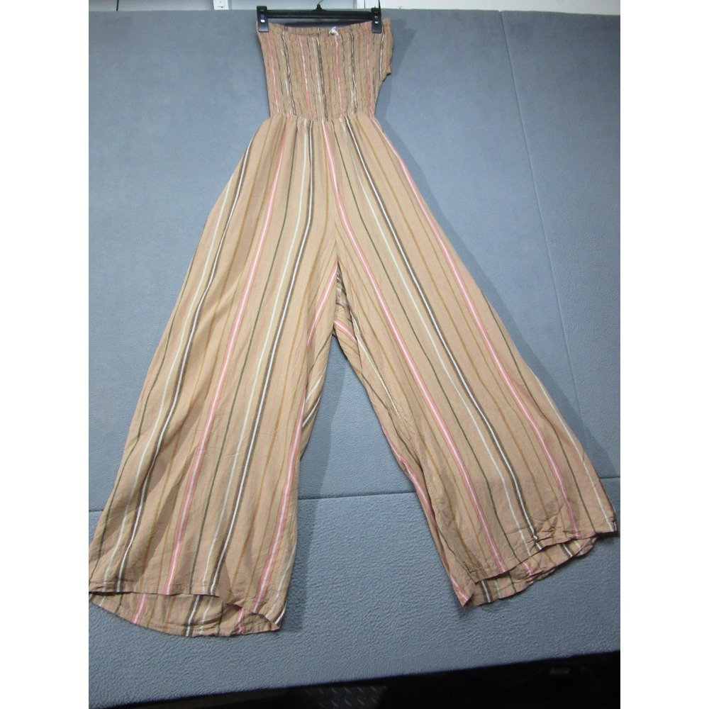 Aerie Jumpsuit Womens Large Tan Brown Striped Smocked Wide Leg Strapless
